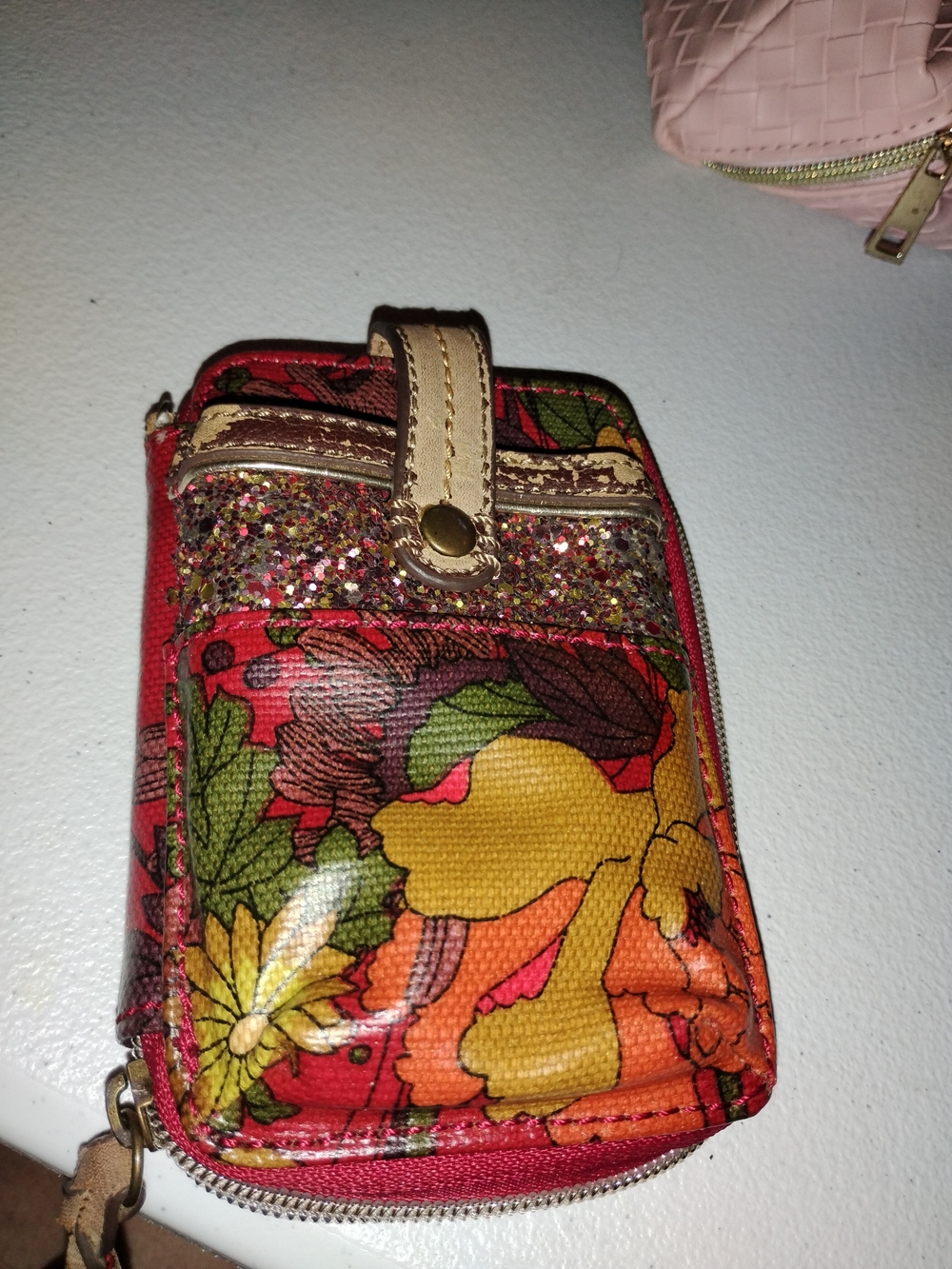 Vibrant Red Floral Compact Wallet with Glitter Trim